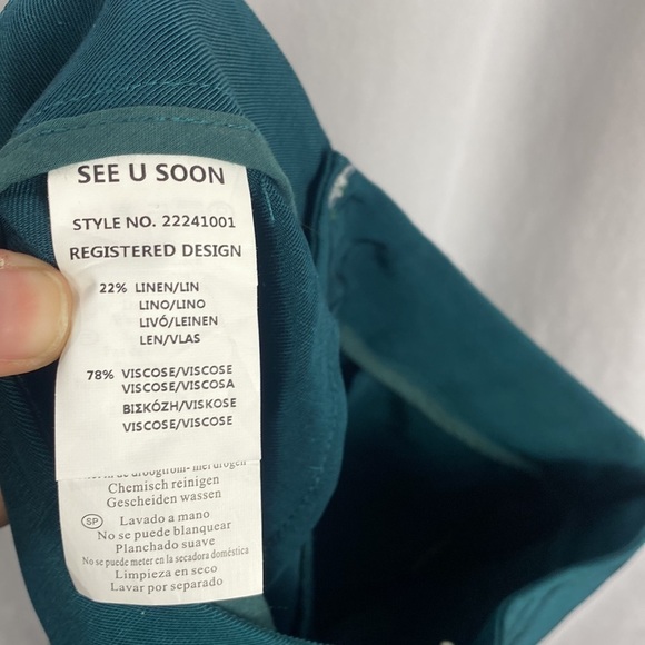 Anthropologie See U Soon Dark Tourquoise Green Tapered Linen Trouser Dress Pants - Picture 15 of 16